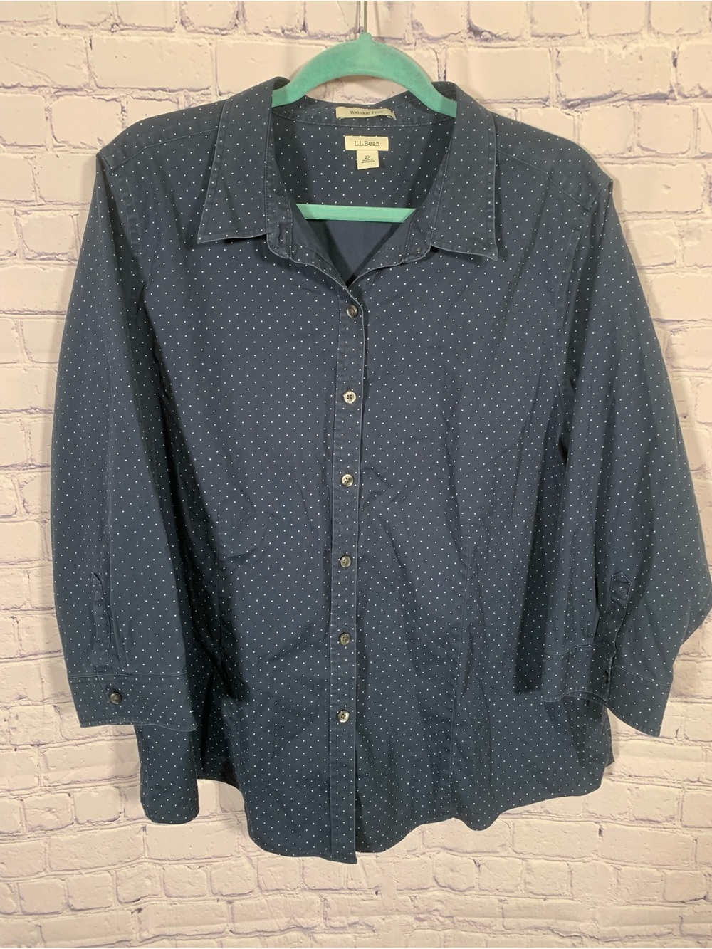 L.L.Bean Womens Collared Polka Dot Button Down Navy Size 2X Winkle Free Casual